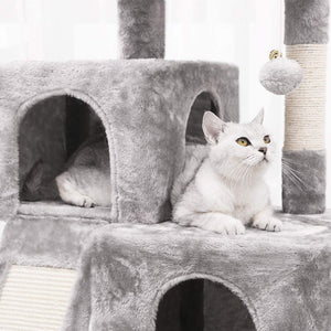 BEWISHOME Cat Tree Condo with Sisal Scratching Posts Scratching Board Light Grey - 