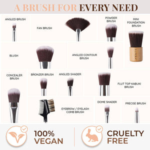 13 Bamboo Makeup Brushes Professional Set Vegan & Cruelty Free - 