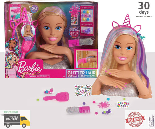Barbie Deluxe 20-Piece Glitter and Go Styling Head – Blonde Hair Fashion - 