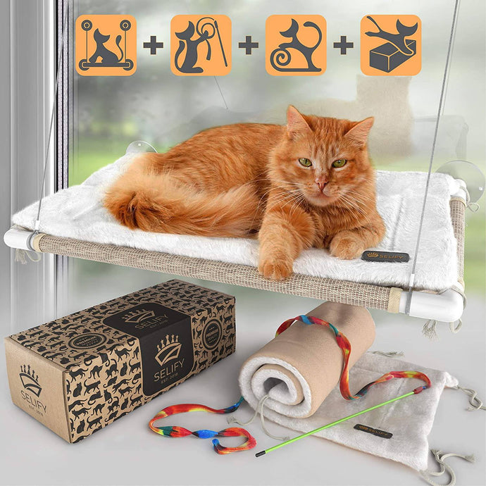 Cat Window Bed - Free Fleece Blanket and Toy – Extra Large and Sturdy - 