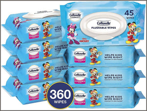 Cottonelle Flushable Toddler Wipes for Kids, 8 Flip-Top Packs, 360 Fragrance-Free Wet Wipes - 