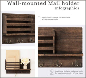 Dahey Wall Mounted Mail Holder Wooden Mail Sorter Organizer - 