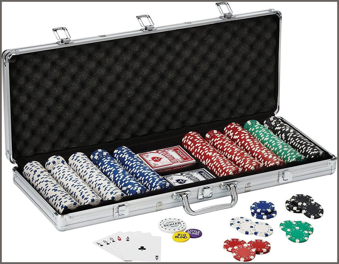 Fat Cat 11.5 Gram Texas Hold 'em Clay Poker Chip Set with Aluminum Case, 500 Striped Dice Chips - 