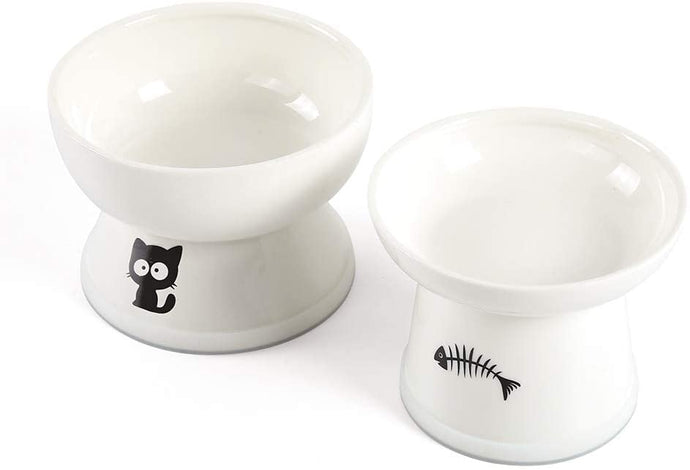 FOREYY Raised Cat Food and Water Bowl Set, Elevated Ceramic Cat Feeder Bowls - 