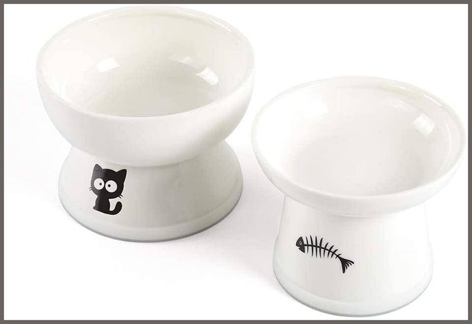 FOREYY Raised Cat Food and Water Bowl Set, Elevated Ceramic Cat Feeder Bowls - 