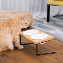 Load image into Gallery viewer, FUKUMARU Pet Ceramic Bowl Cat Dog Elevated Feeder,Raised Dishes Set Solid Bamboo Stand Food Bowls - 
