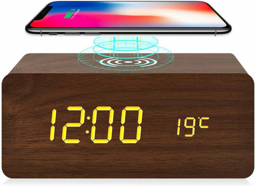 Alarm Clock Wireless Charging  iPhone Samsung  Wood Digital LED - g