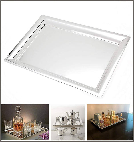 Le'raze Elegant Mirrored Rectangular Silver Tray, Mirrored Tray for Whiskey Decanter - 