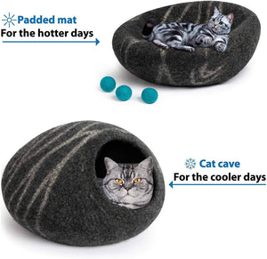 MEOWFIA Premium Felt Cat Bed Cave (Medium) - Handmade 100% Merino Wool Bed - 