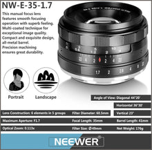 Load image into Gallery viewer, NEEWER 35mm F/1.7 Large Aperture Manual Prime Fixed Lens - 
