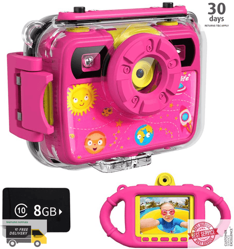 Ourlife Kids Camera Selfie Kids Waterproof Digital Cameras 1080P 8MP Pink - 