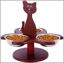 Load image into Gallery viewer, Pet Store Wood Multi-Cat Raised Feeder with 3 Metal Bowls - 
