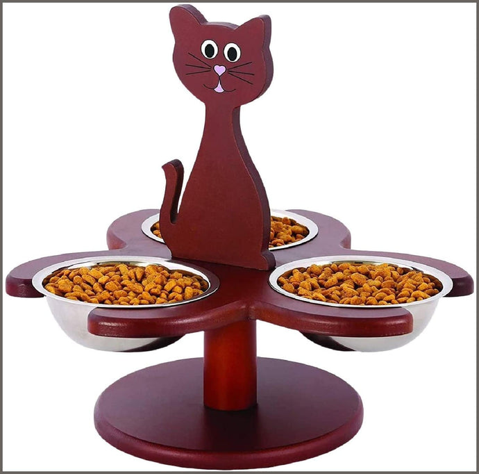 Pet Store Wood Multi-Cat Raised Feeder with 3 Metal Bowls - 