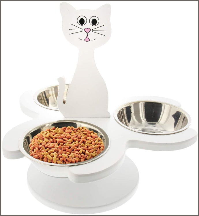 Pet Store Wooden Multi-Cat Raised Feeder with 3 Metal Bowls (White) - 