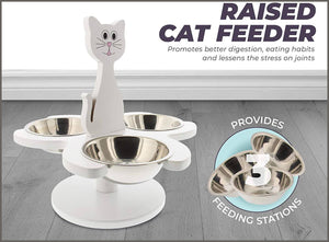 Pet Store Wooden Multi-Cat Raised Feeder with 3 Metal Bowls (White) - 