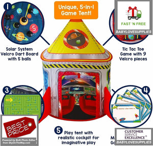 Playz 5-in-1 Rocket Ship Play Tent for Kids with Dart Board, Tic Tac Toe - 