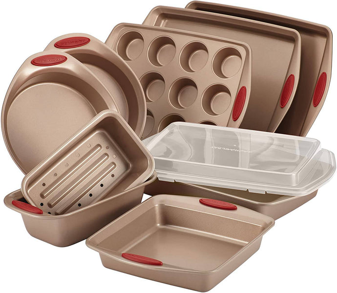 Rachael Ray 10-Piece Cucina Nonstick Bakeware Set, Latte Brown with Handle - 