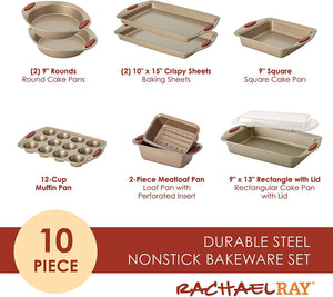 Rachael Ray 10-Piece Cucina Nonstick Bakeware Set, Latte Brown with Handle - 