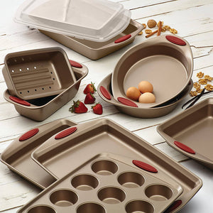 Rachael Ray 10-Piece Cucina Nonstick Bakeware Set, Latte Brown with Handle - 