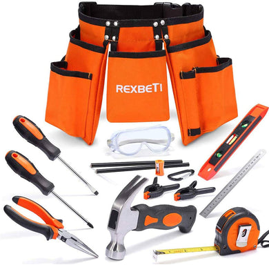 REXBETI 15pcs Young Builder's Tool Set with Real Hand Tools Reinforced Kids Tool - 