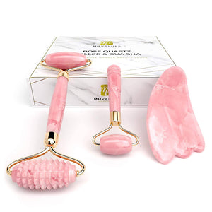 Rose Quartz Roller with Gua Sha Eye Roller set Jade Roller for Face Roller - 