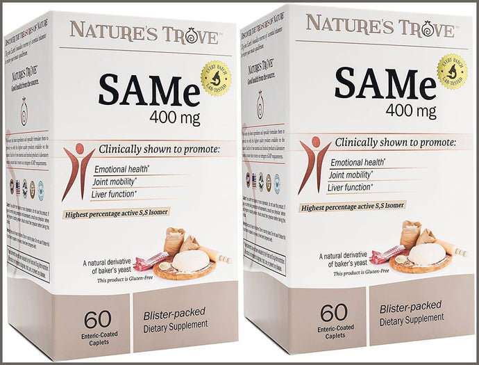 SAM-e 400mg 120 Enteric Coated Caplets (2 Boxes of 60) - Vegan, Kosher, Non-GMO, Soy Free, Gluten Free - 