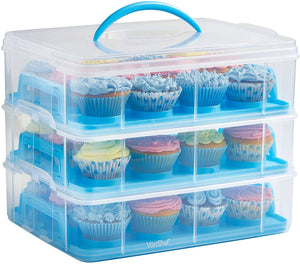 VonShef Snap and Stack Blue 3 Tier Cupcake Holder & Cake Carrier Container - 