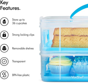 VonShef Snap and Stack Blue 3 Tier Cupcake Holder & Cake Carrier Container - 