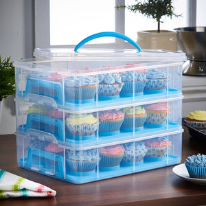 VonShef Snap and Stack Blue 3 Tier Cupcake Holder & Cake Carrier Container - 