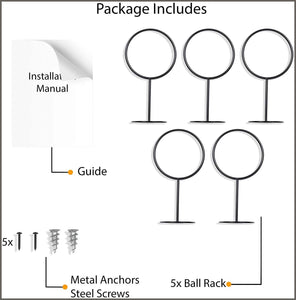 Wallniture Palla Universal Ball Rack Holder - Space Saver Wall Mount Display Storage Set of 5 - 