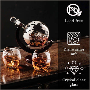 Whiskey Globe Decanter Set Etched World Globe Decanter for Liquor, Bourbon, Vodka - 