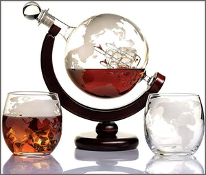 Whiskey Globe Decanter Set Etched World Globe Decanter for Liquor, Bourbon, Vodka - 